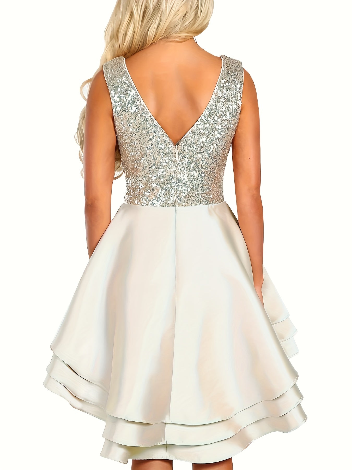 Vestido mini skater con escote en V y lentejuelas brillantes para mujer: vestido de cóctel de fiesta sin mangas en forma de A con dobladillo acampanado, color dorado/beige, mezcla de poliéster, lavable a máquina
