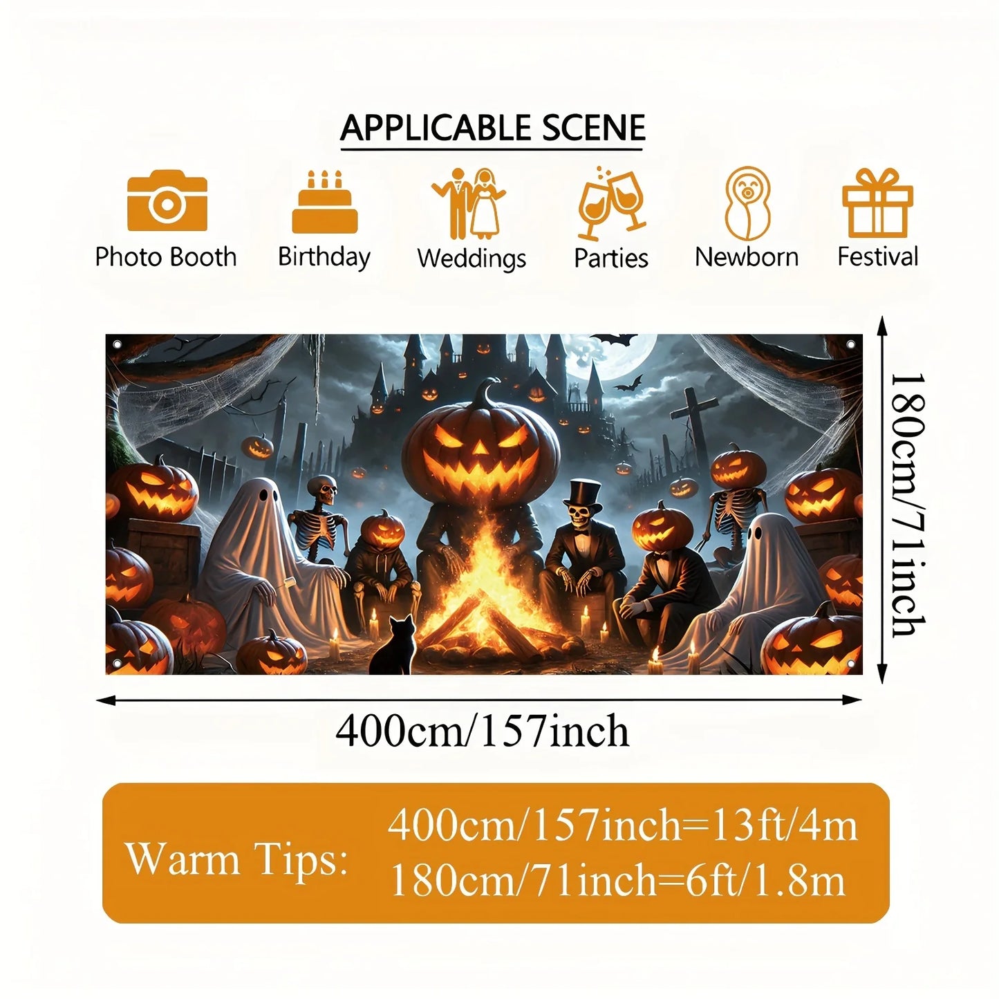 2D door banner 1 piece, Halloween ghost garage banner with pumpkin, skeleton and black cat design, haunted house theme