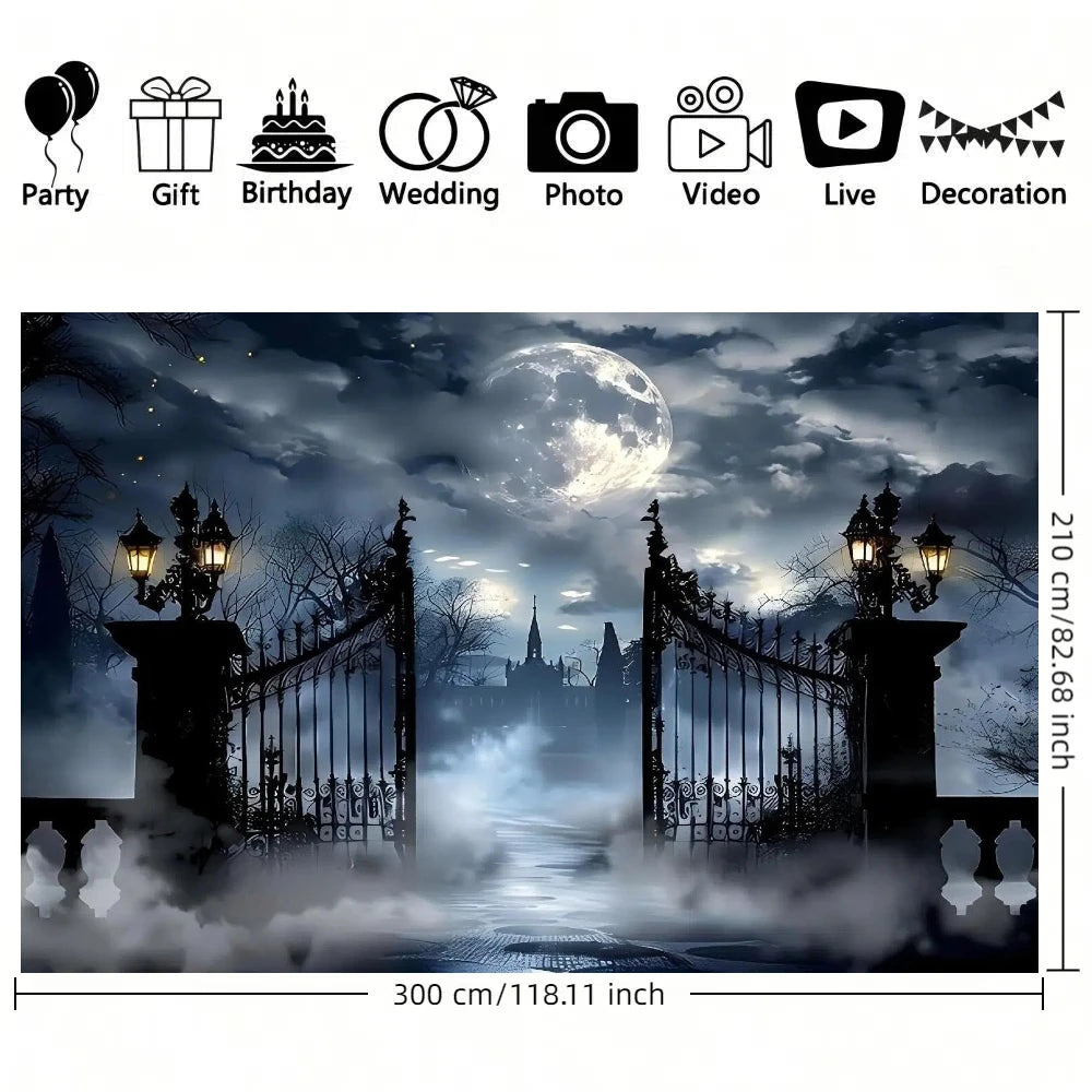 1pc Halloween Full Moon Night Garage door background, polyester material, foggy cemetery gate theme, garage door, villa.