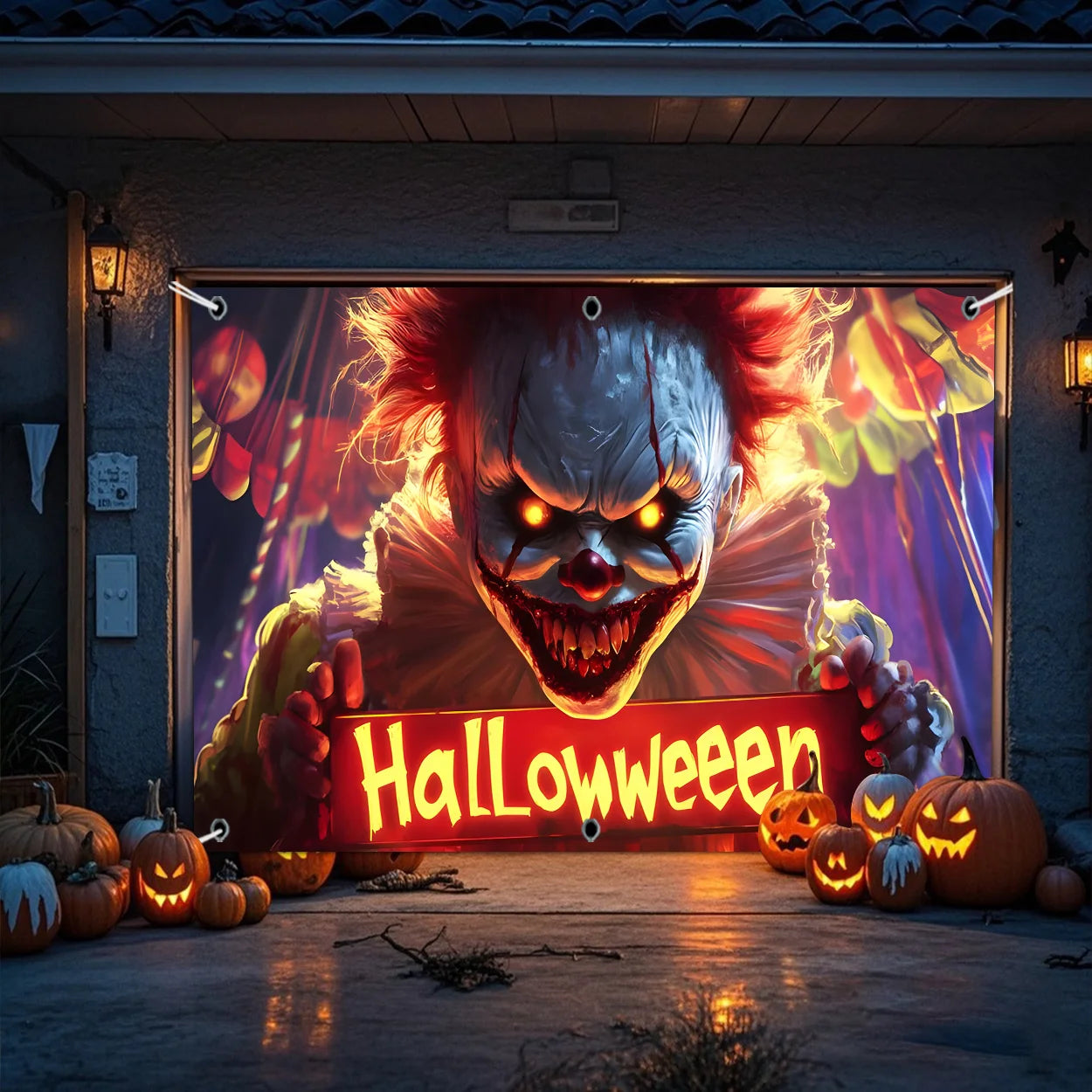 2D, 1pc printed garage curtain door curtain, terrifying clown, bloodthirsty mouth, sharp teeth, bloodstain decoration