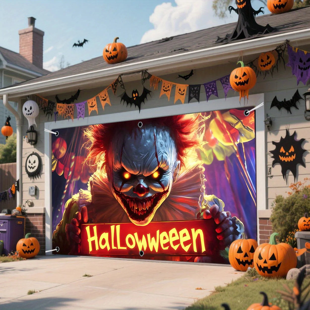 2D, 1pc printed garage curtain door curtain, terrifying clown, bloodthirsty mouth, sharp teeth, bloodstain decoration