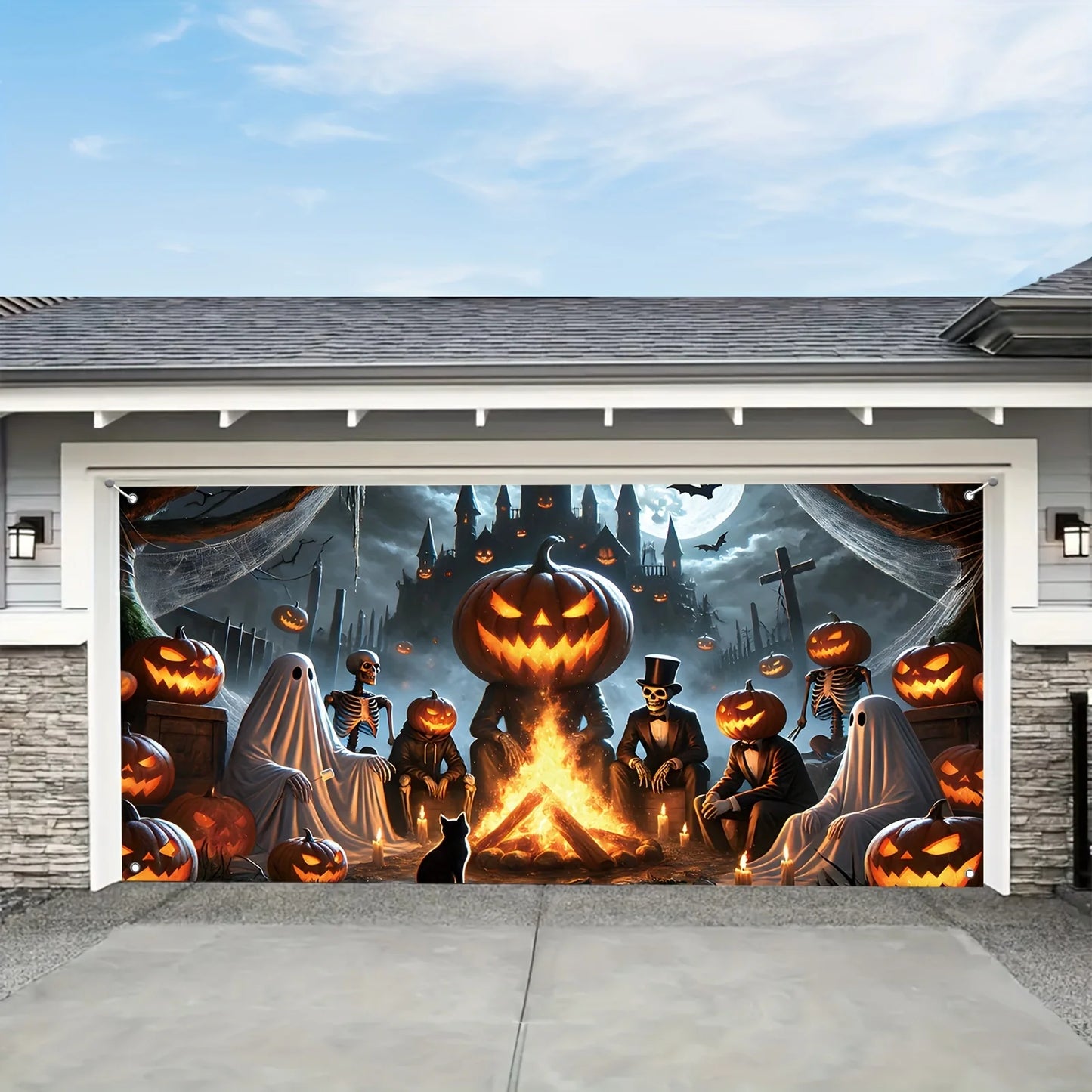 2D door banner 1 piece, Halloween ghost garage banner with pumpkin, skeleton and black cat design, haunted house theme