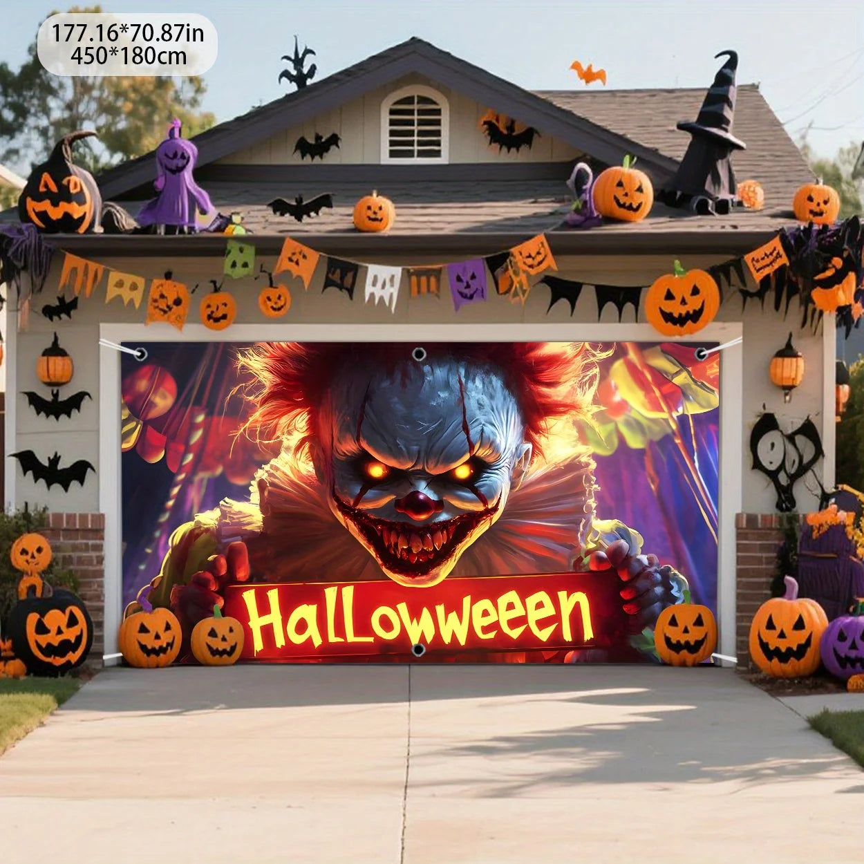 2D, 1pc printed garage curtain door curtain, terrifying clown, bloodthirsty mouth, sharp teeth, bloodstain decoration