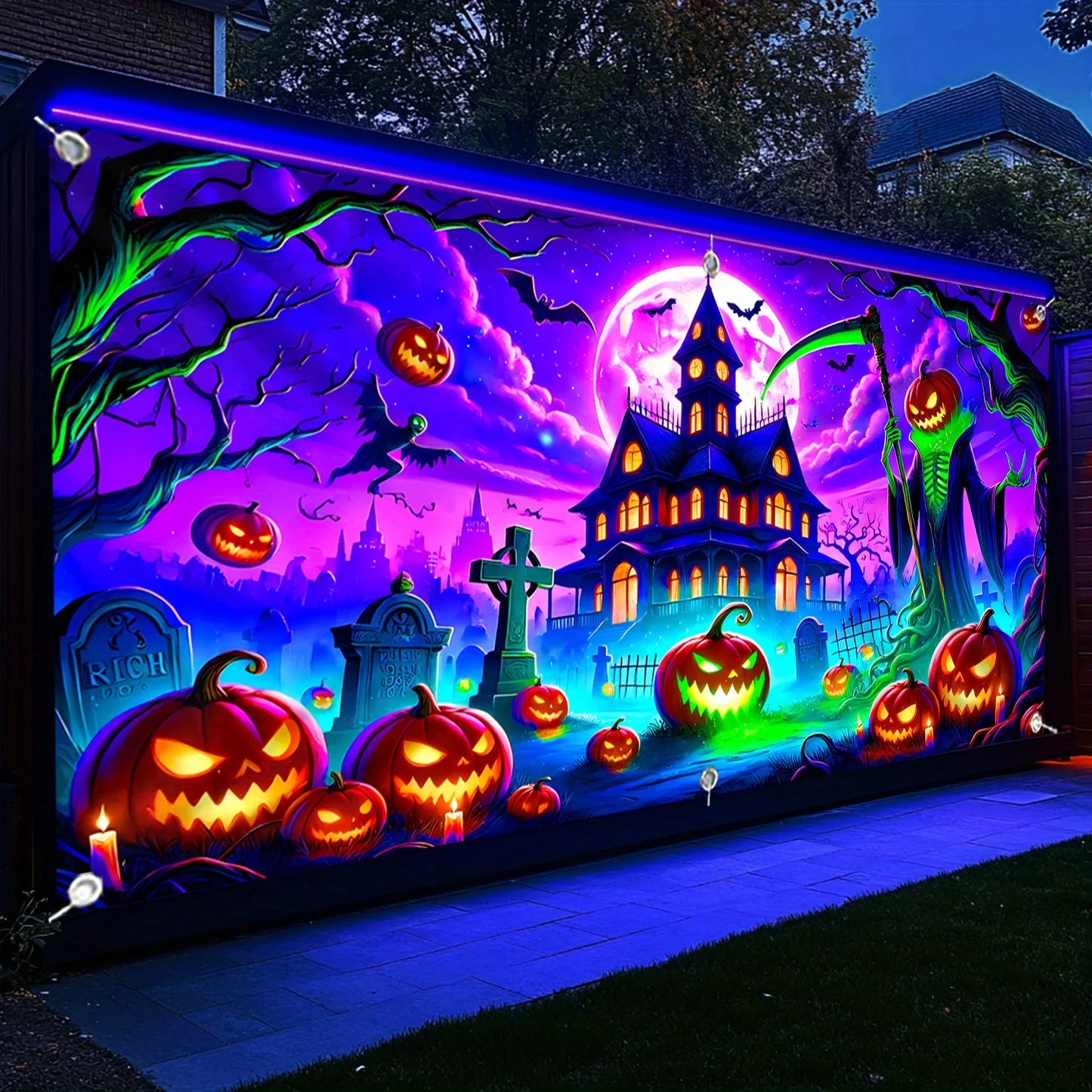 1 Halloween banner - Ghost house, pumpkin lantern and tombstone design, polyester garage door decoration