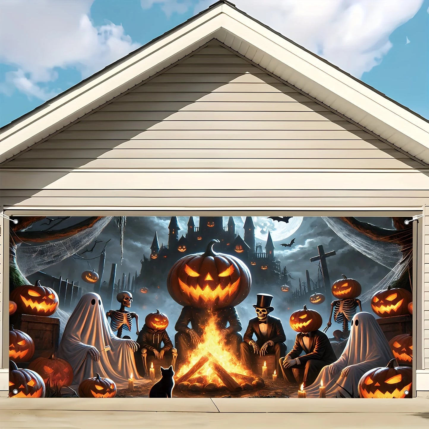 2D door banner 1 piece, Halloween ghost garage banner with pumpkin, skeleton and black cat design, haunted house theme
