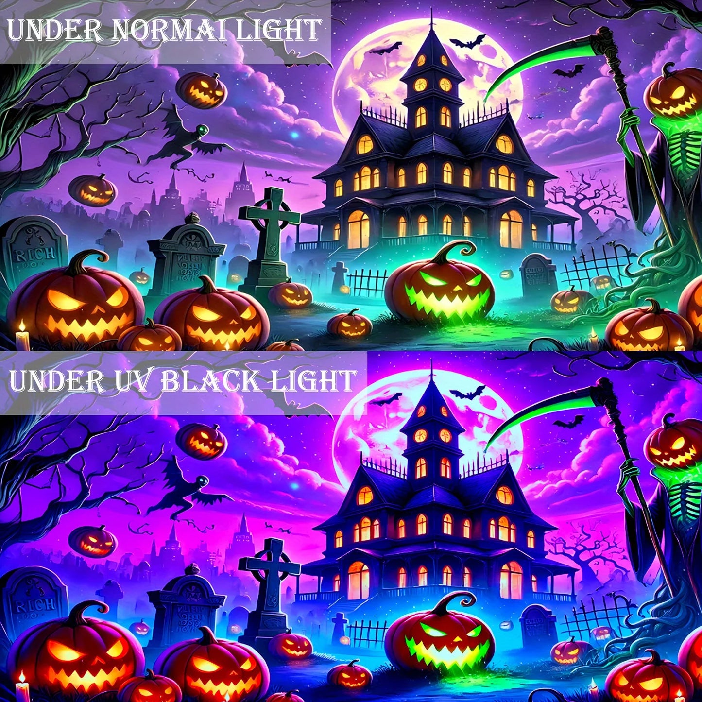 1 Halloween banner - Ghost house, pumpkin lantern and tombstone design, polyester garage door decoration