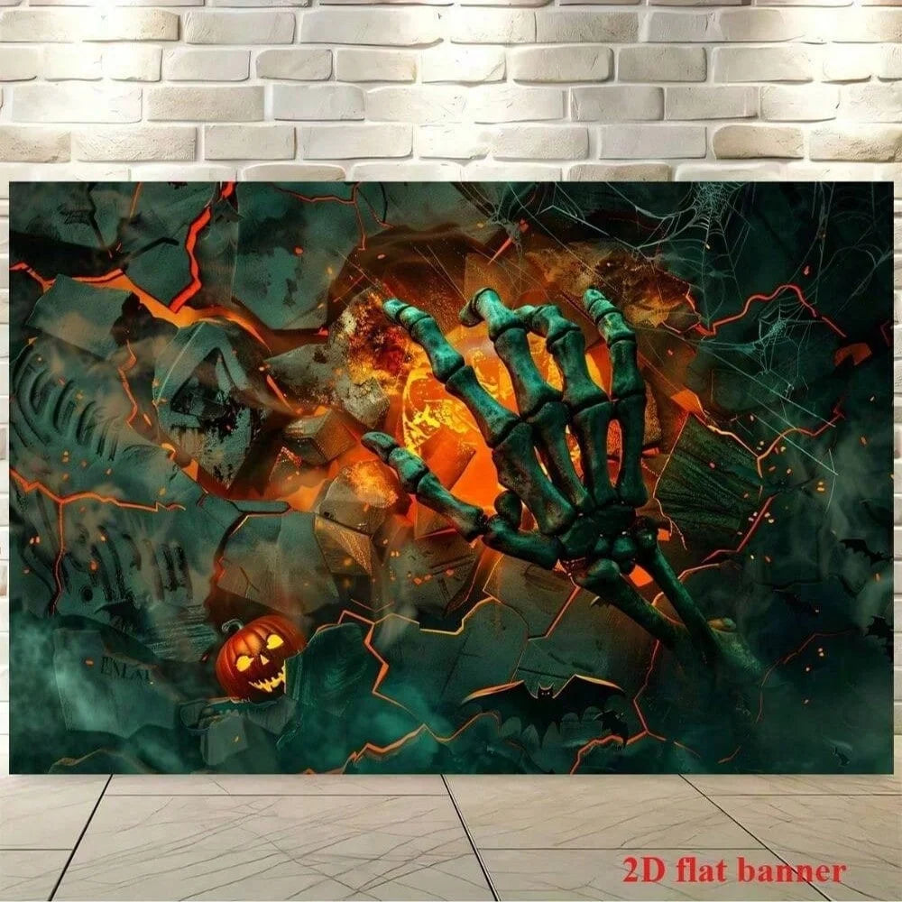 1 Halloween Background Cloth - Horror Flame Theme with Skull, Pumpkin Bat, and Spider Web Home Decor, Halloween Background Cloth