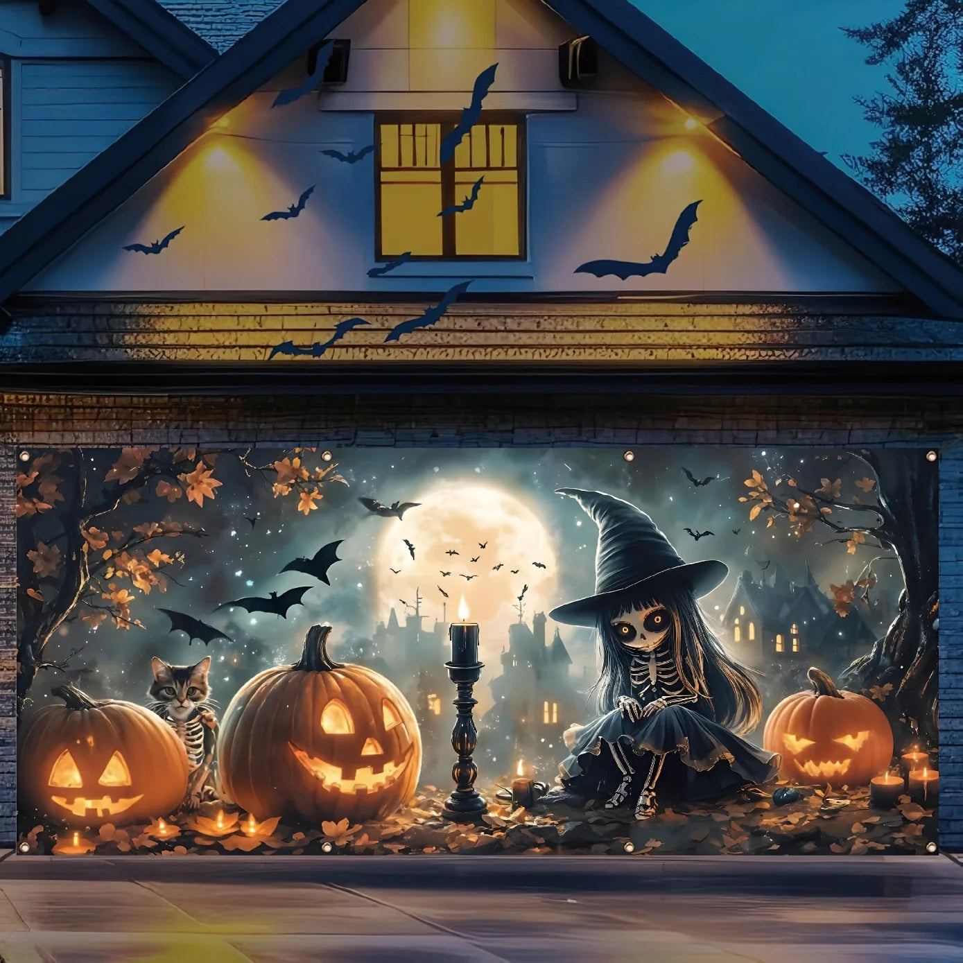Halloween garage banner with skulls, cute cats and pumpkins - bright polyester material, outdoor holiday exterior decoration