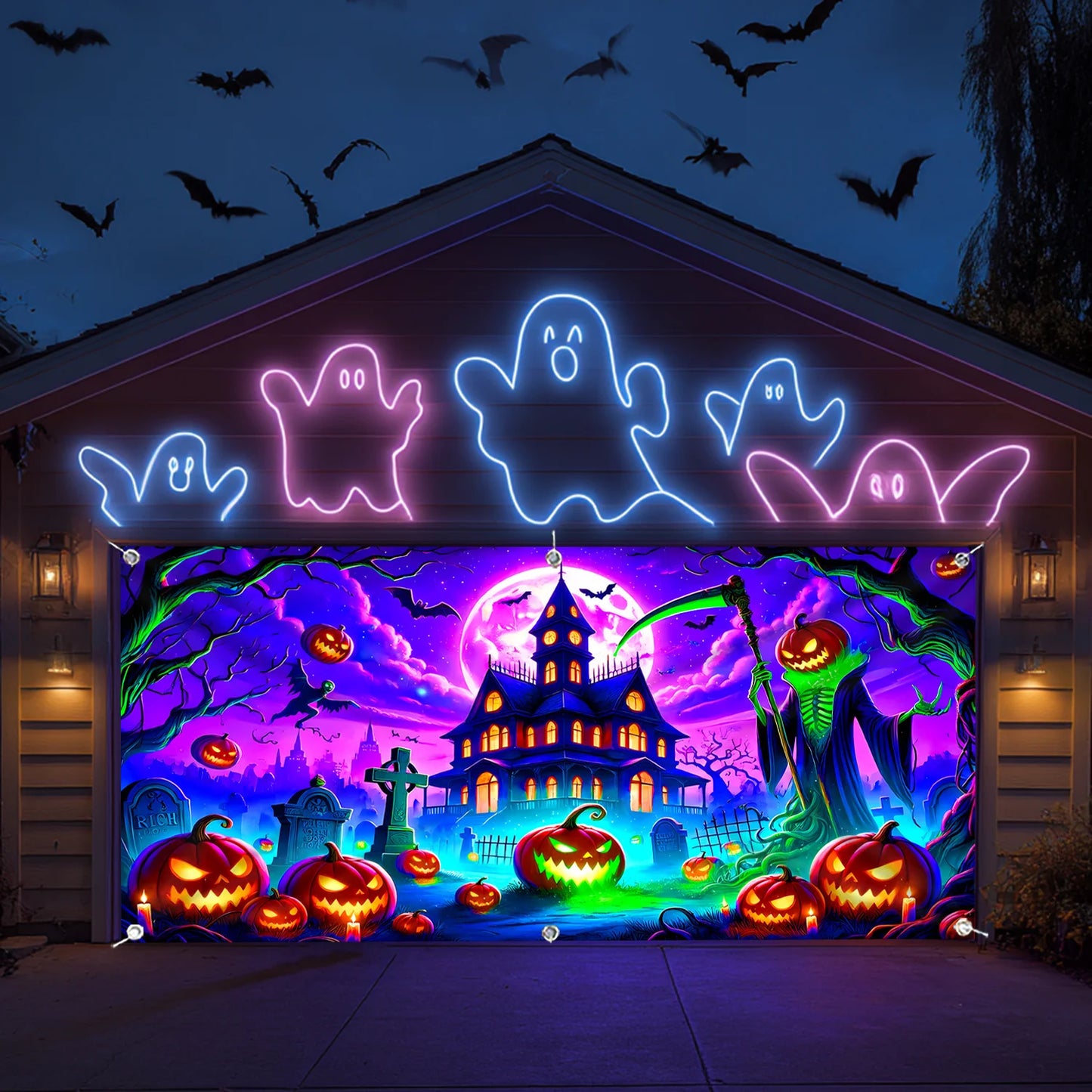 1 Halloween banner - Ghost house, pumpkin lantern and tombstone design, polyester garage door decoration