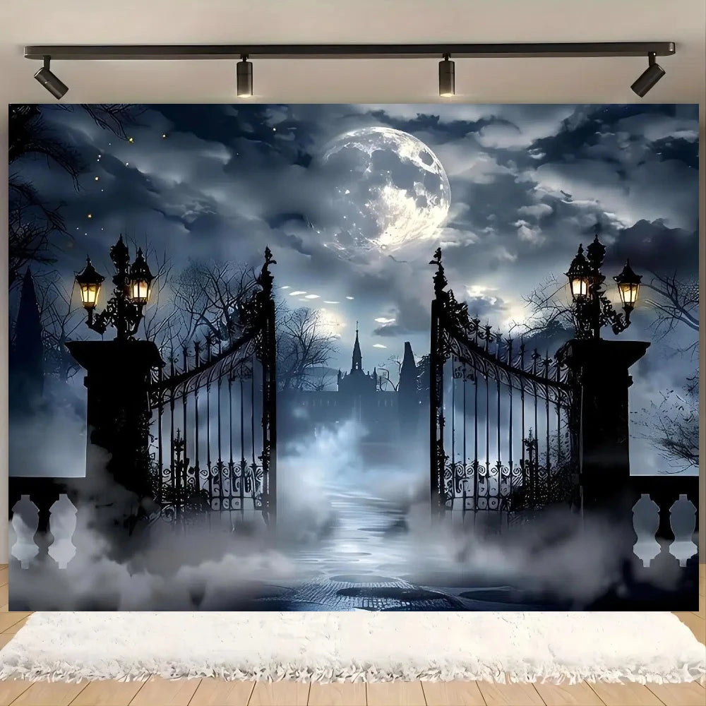1pc Halloween Full Moon Night Garage door background, polyester material, foggy cemetery gate theme, garage door, villa.