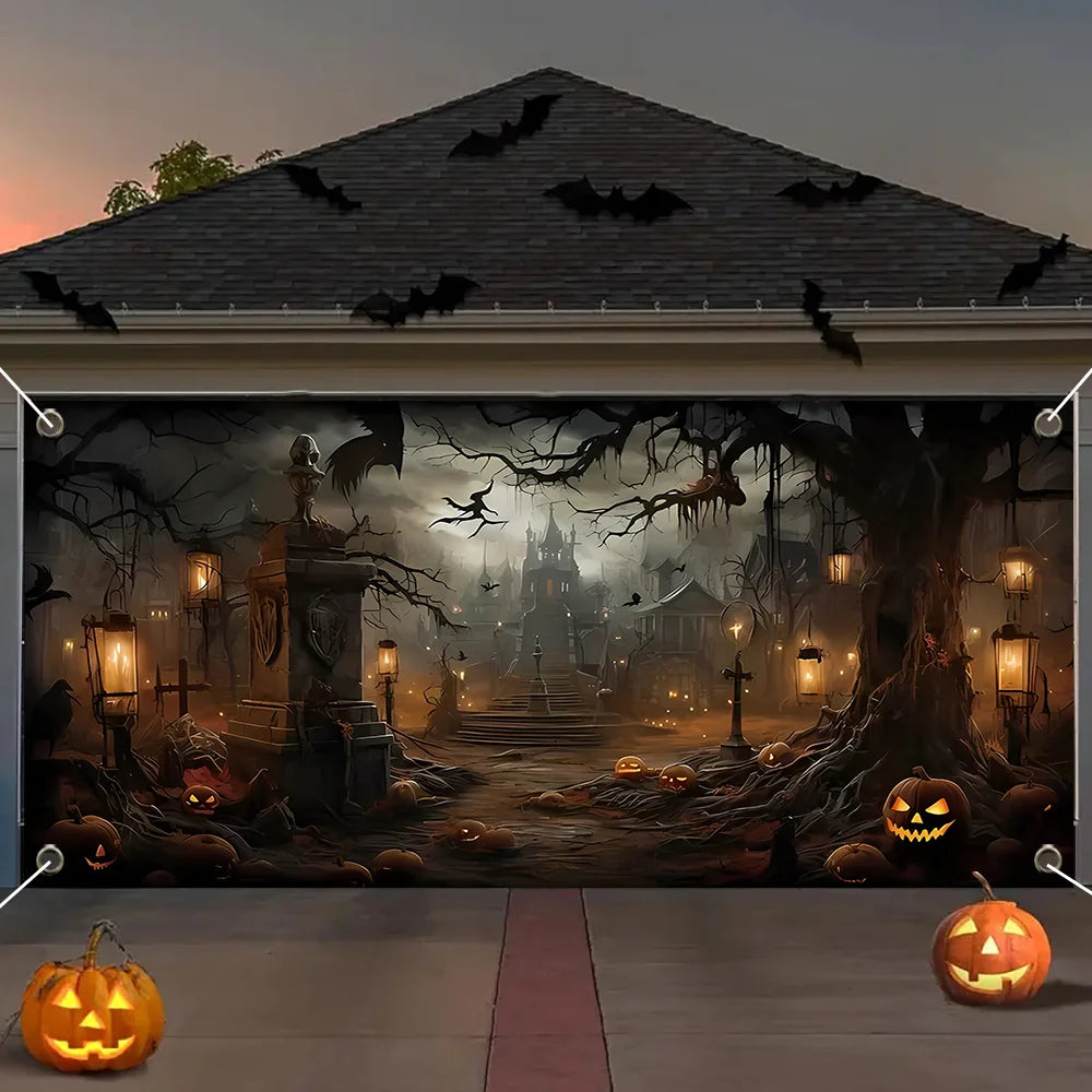 1 Halloween garage door banner, featuring horror town and pumpkin head design, with multiple sizes to choose from