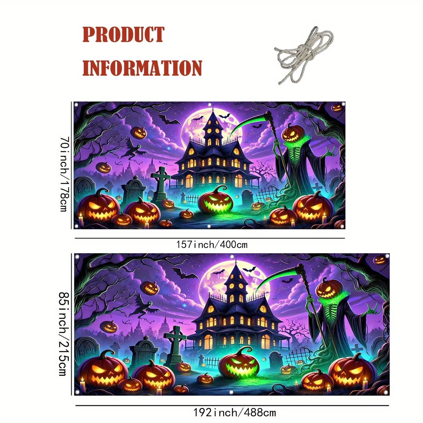 1 Halloween banner - Ghost house, pumpkin lantern and tombstone design, polyester garage door decoration
