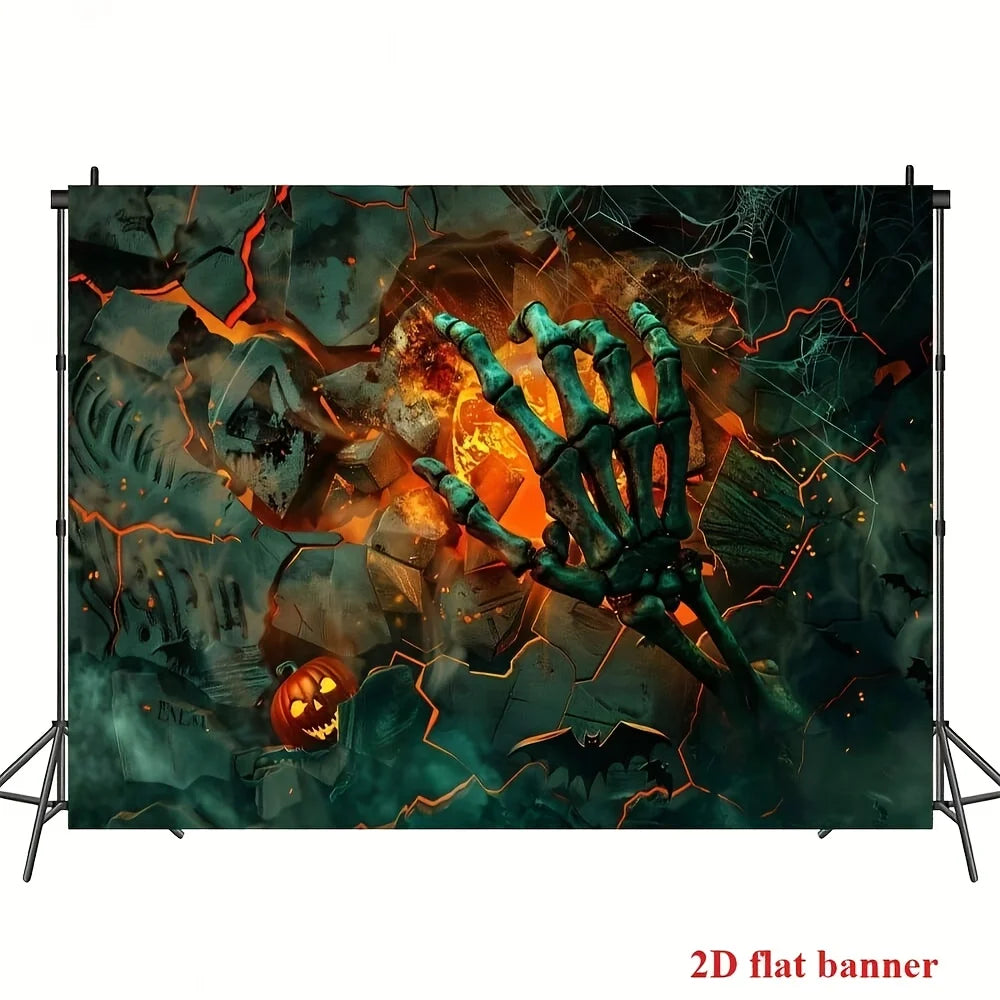 1 Halloween Background Cloth - Horror Flame Theme with Skull, Pumpkin Bat, and Spider Web Home Decor, Halloween Background Cloth