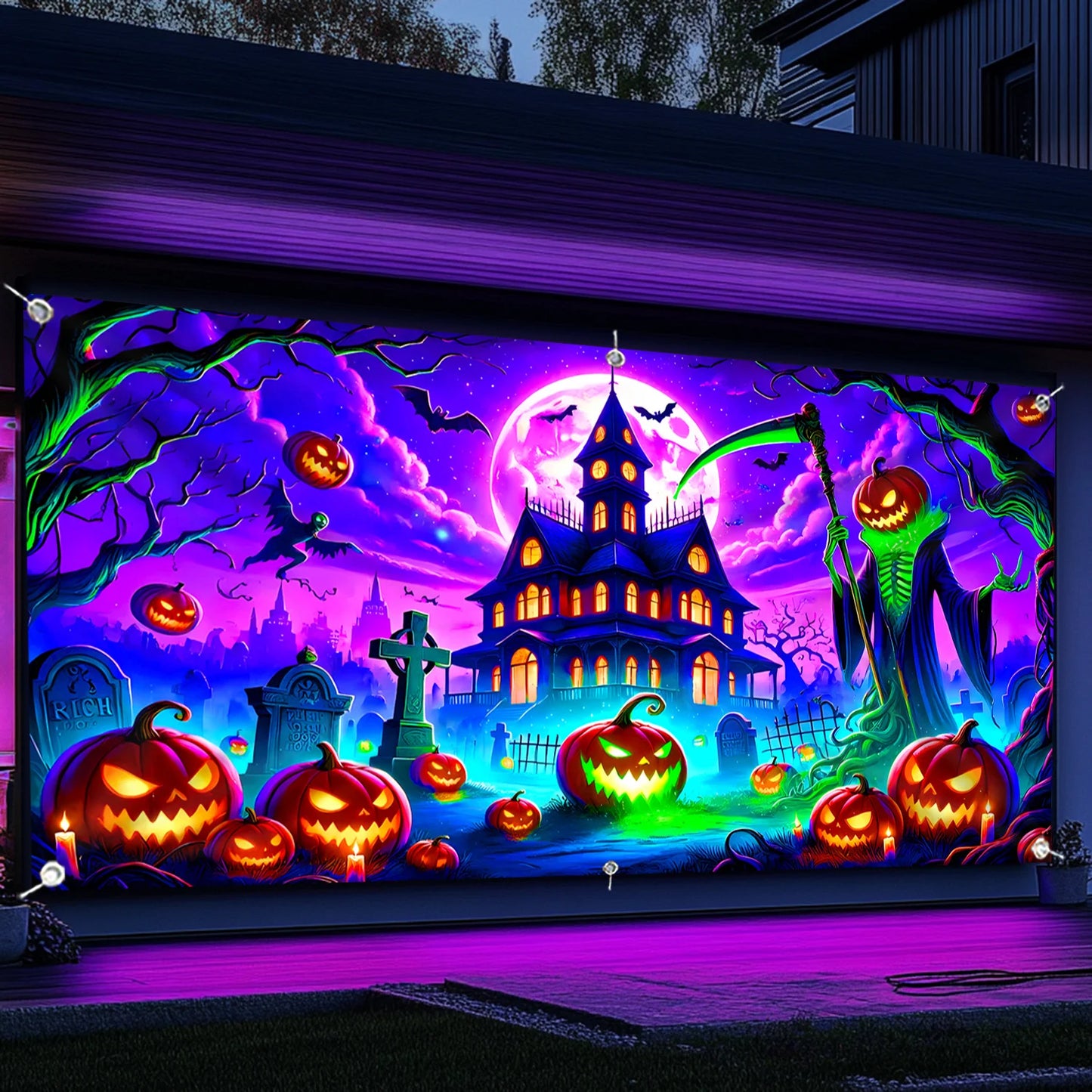 1 Halloween banner - Ghost house, pumpkin lantern and tombstone design, polyester garage door decoration