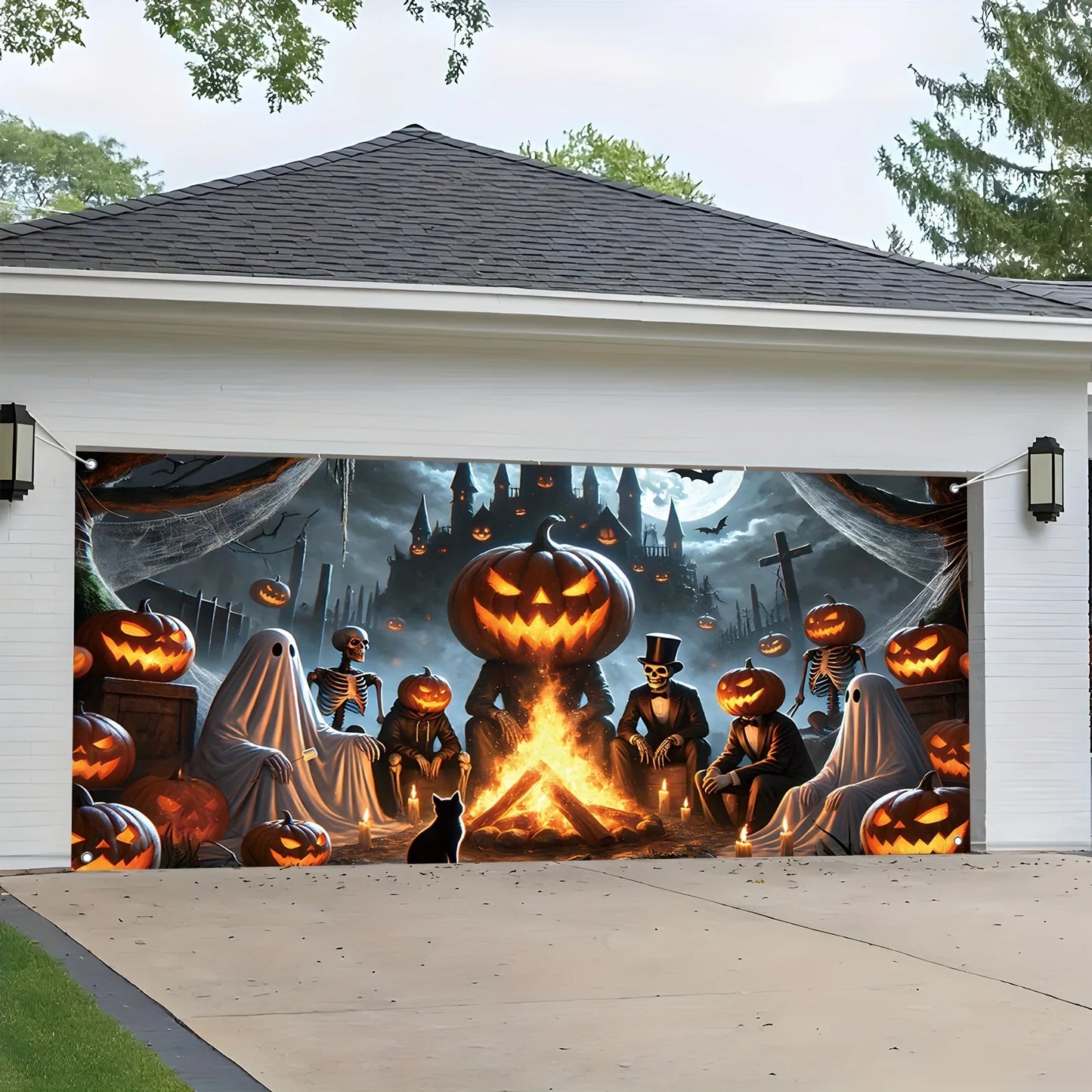 2D door banner 1 piece, Halloween ghost garage banner with pumpkin, skeleton and black cat design, haunted house theme