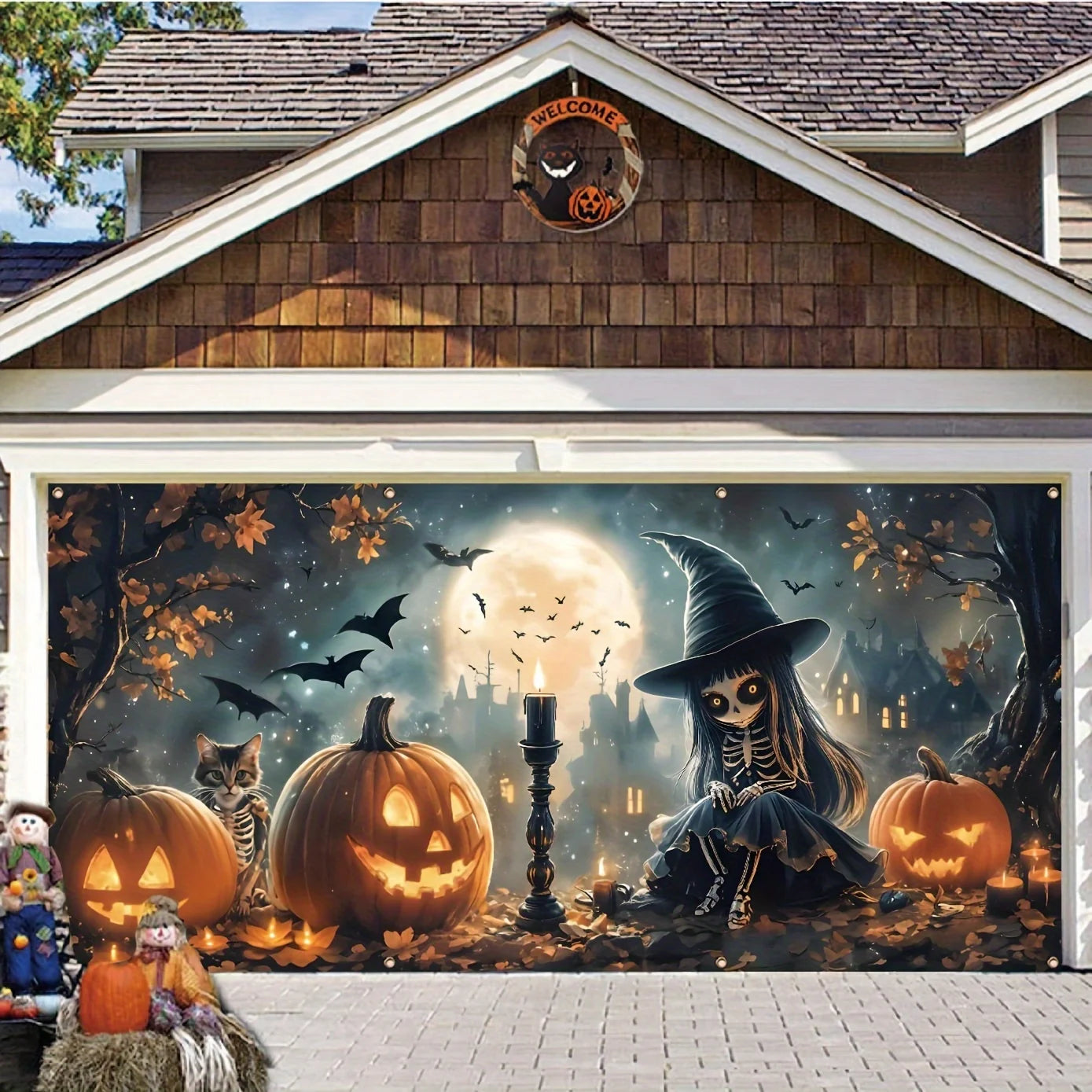 Halloween garage banner with skulls, cute cats and pumpkins - bright polyester material, outdoor holiday exterior decoration