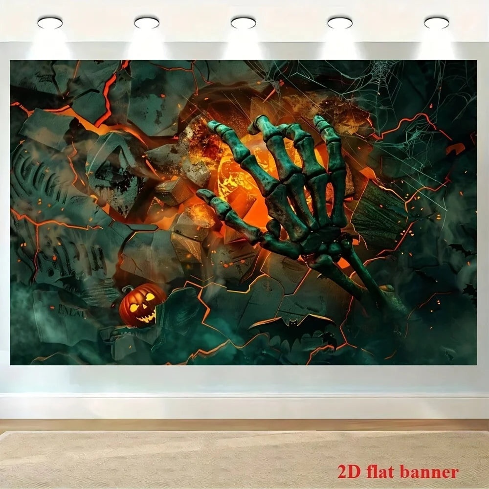 1 Halloween Background Cloth - Horror Flame Theme with Skull, Pumpkin Bat, and Spider Web Home Decor, Halloween Background Cloth