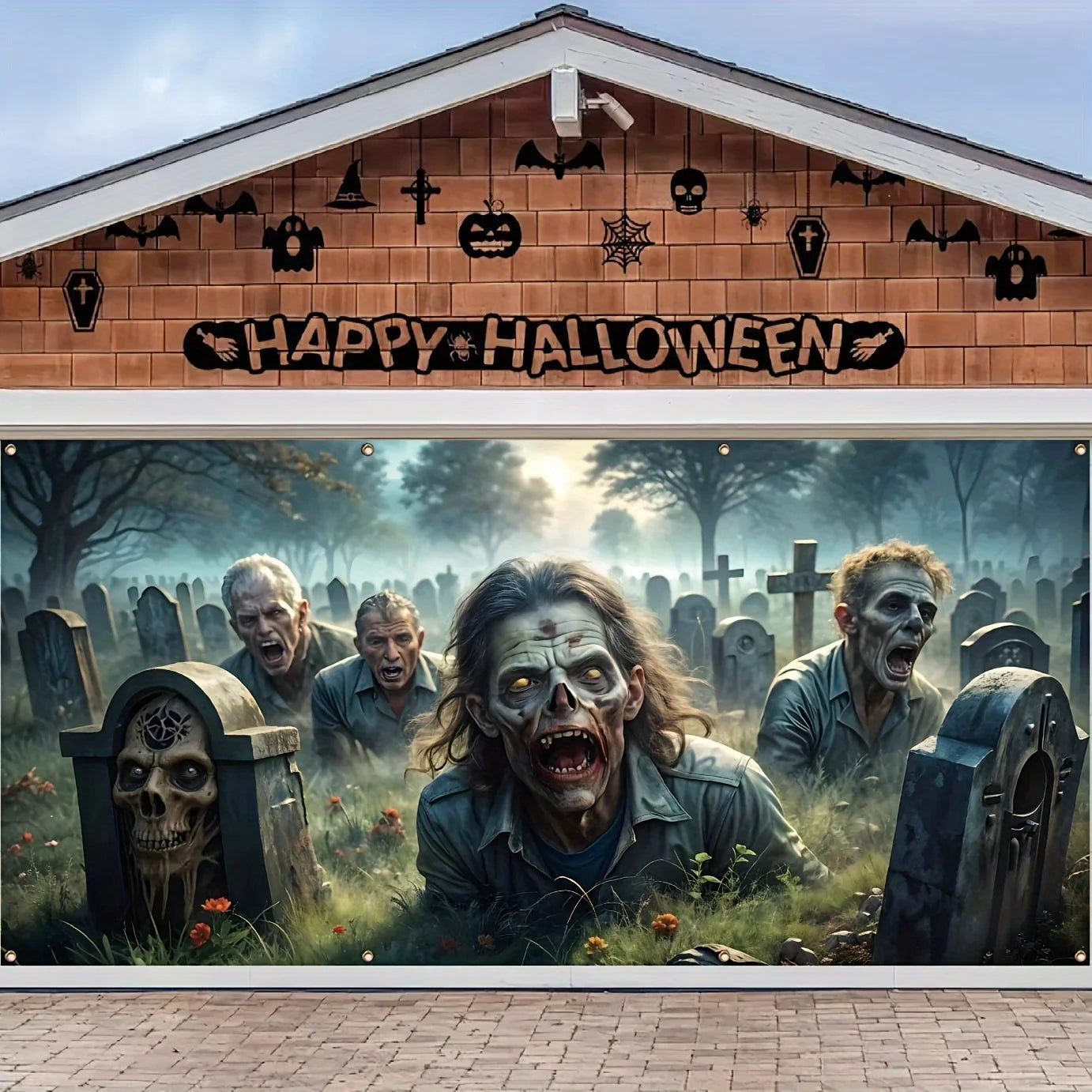 2D banner 1 piece, Halloween zombie graveyard garage door banner, anti-fade holiday house exterior decoration, party supplies