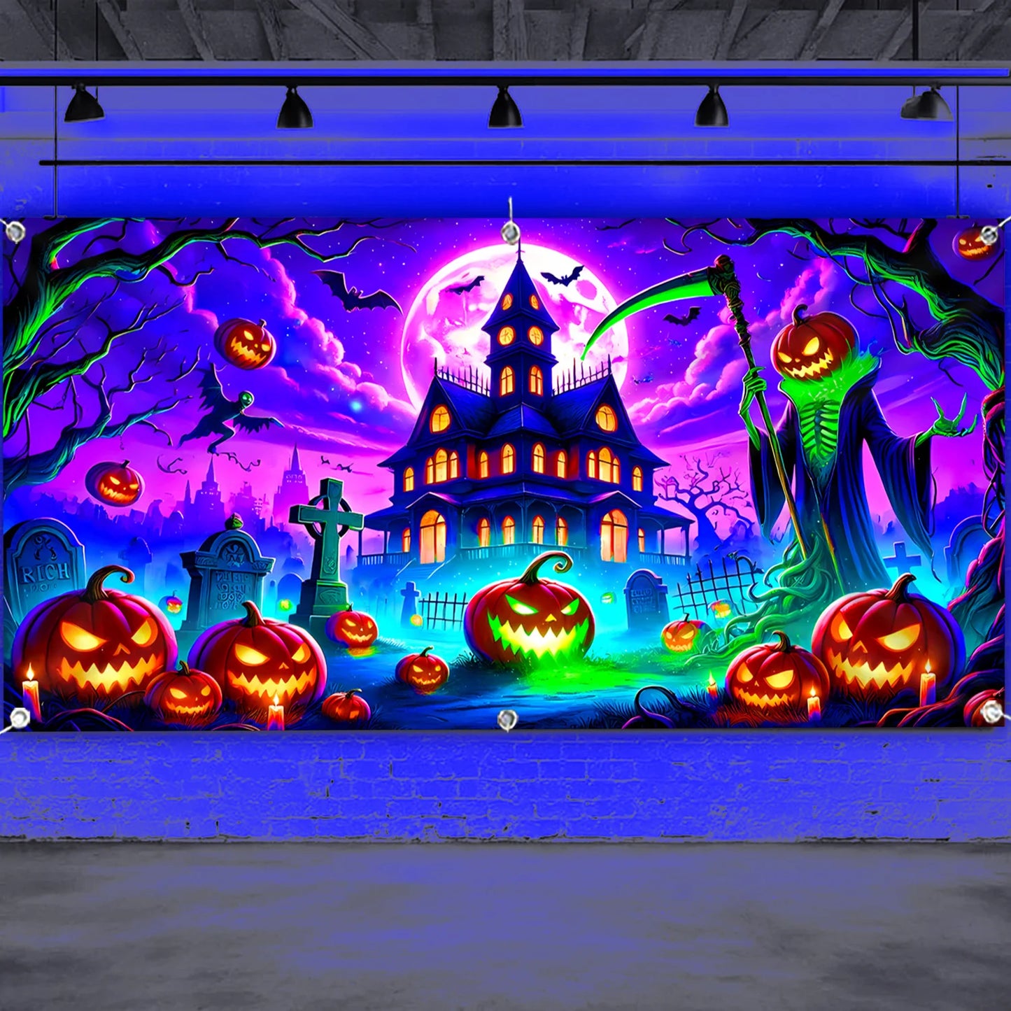 1 Halloween banner - Ghost house, pumpkin lantern and tombstone design, polyester garage door decoration