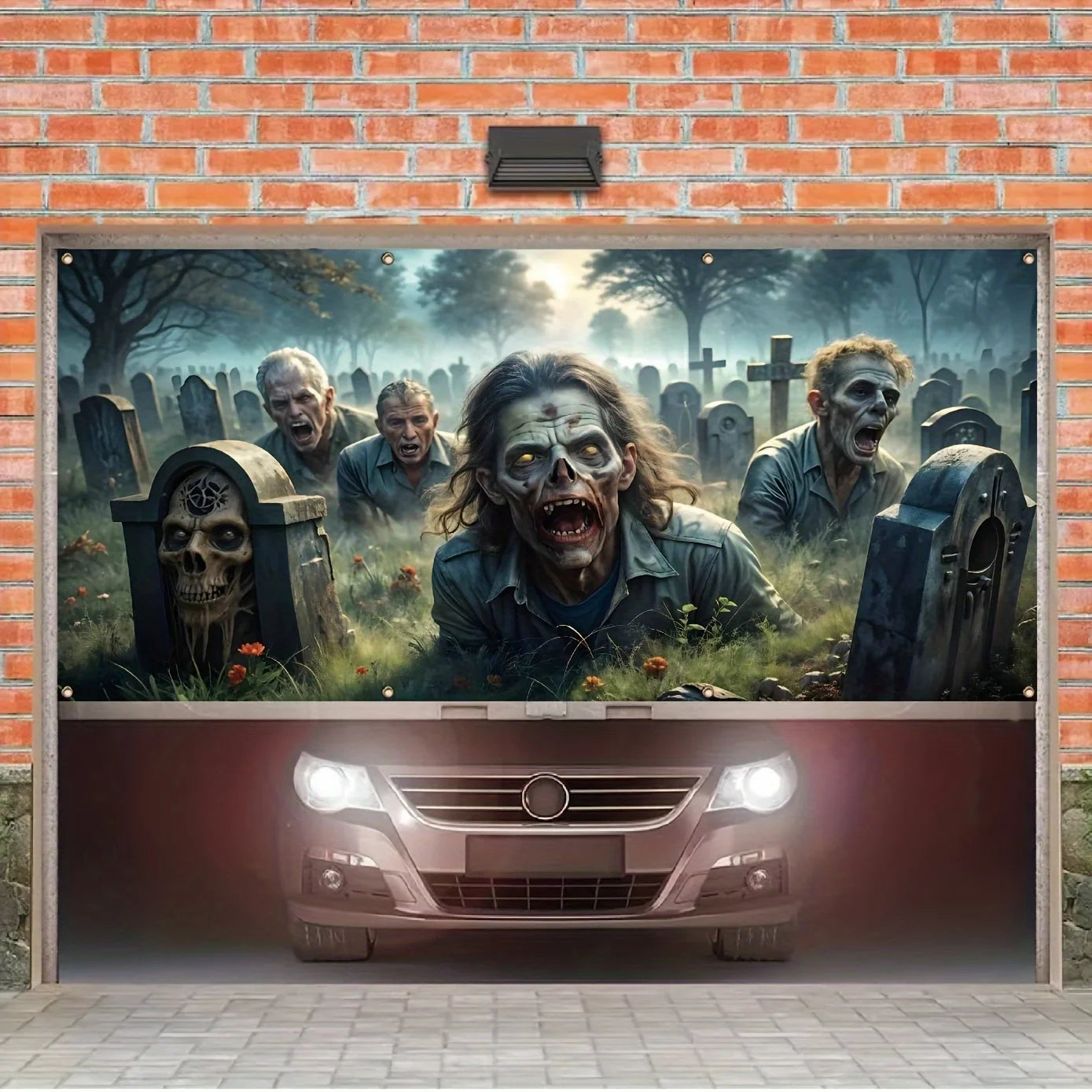 2D banner 1 piece, Halloween zombie graveyard garage door banner, anti-fade holiday house exterior decoration, party supplies