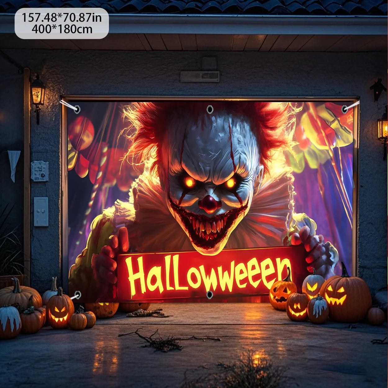 2D, 1pc printed garage curtain door curtain, terrifying clown, bloodthirsty mouth, sharp teeth, bloodstain decoration