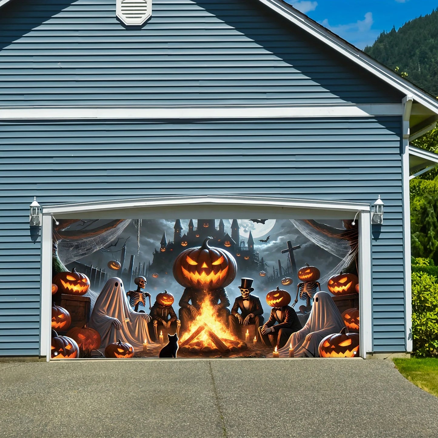2D door banner 1 piece, Halloween ghost garage banner with pumpkin, skeleton and black cat design, haunted house theme