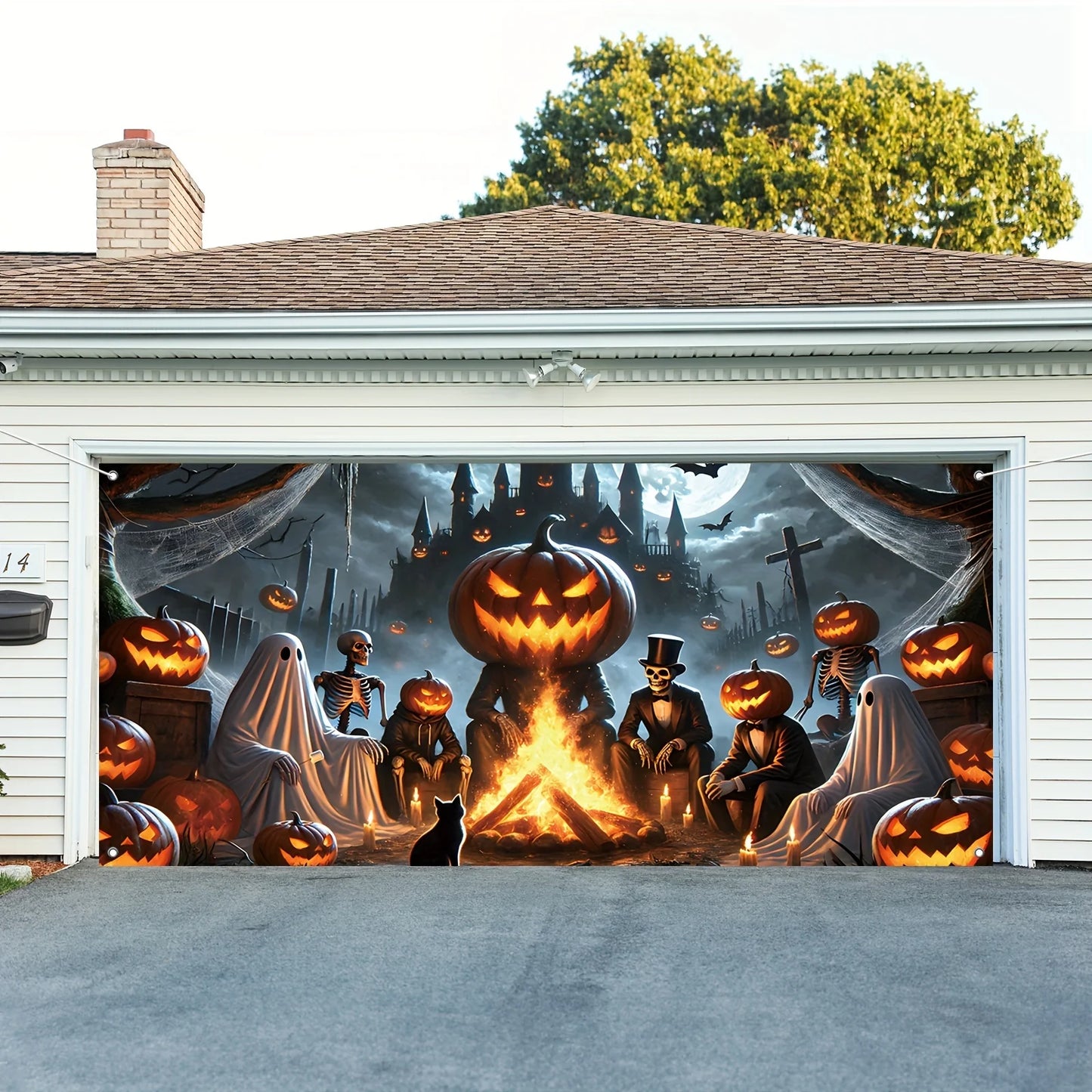 2D door banner 1 piece, Halloween ghost garage banner with pumpkin, skeleton and black cat design, haunted house theme