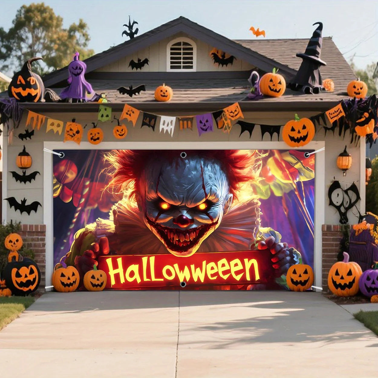 2D, 1pc printed garage curtain door curtain, terrifying clown, bloodthirsty mouth, sharp teeth, bloodstain decoration
