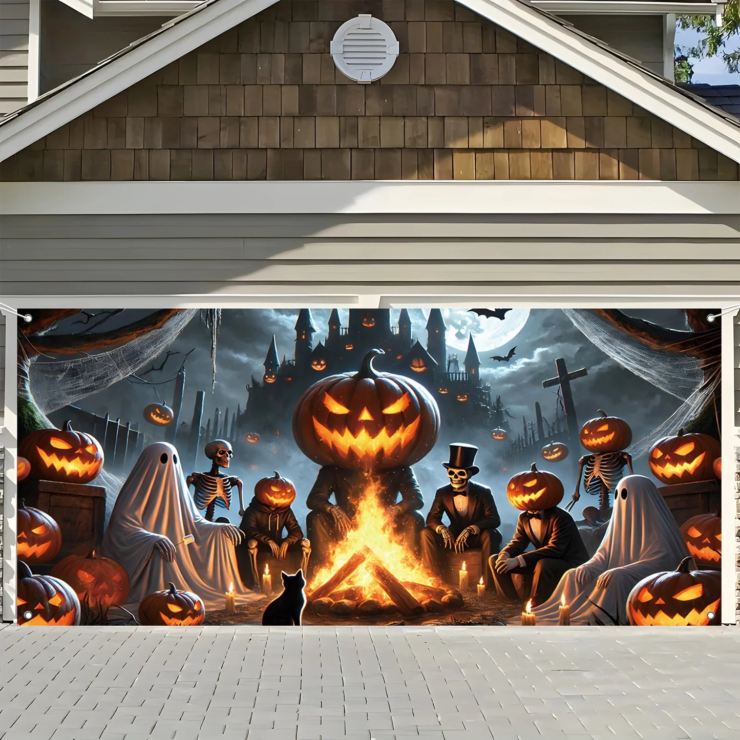 2D door banner 1 piece, Halloween ghost garage banner with pumpkin, skeleton and black cat design, haunted house theme
