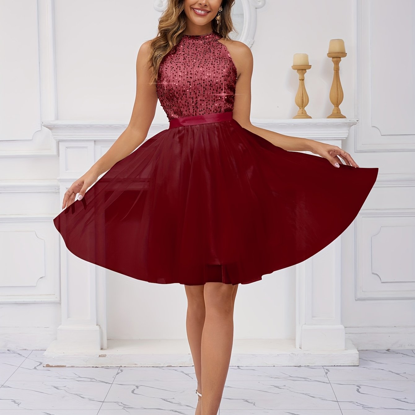 Sequined Halter Shoulder Dress, Elegant Sleeveless Tulle Dress For Dance Party, Women'S Clothing