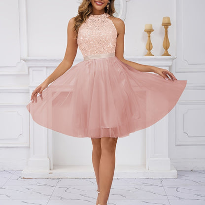 Sequined Halter Shoulder Dress, Elegant Sleeveless Tulle Dress For Dance Party, Women'S Clothing