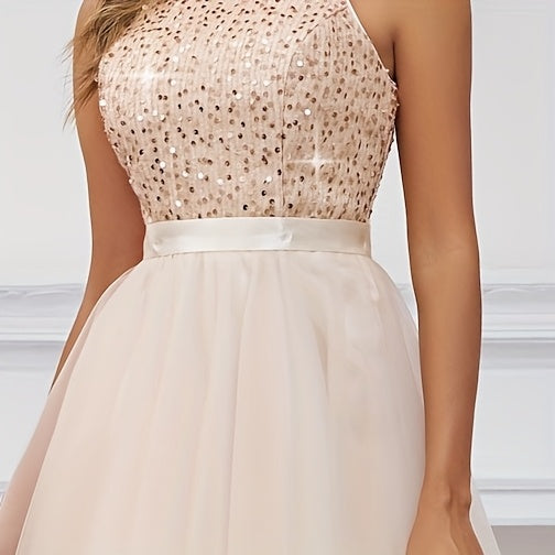 Sequined Halter Shoulder Dress, Elegant Sleeveless Tulle Dress For Dance Party, Women'S Clothing