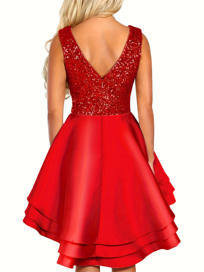 Vestido mini skater con escote en V y lentejuelas brillantes para mujer: vestido de cóctel de fiesta sin mangas en forma de A con dobladillo acampanado, color dorado/beige, mezcla de poliéster, lavable a máquina