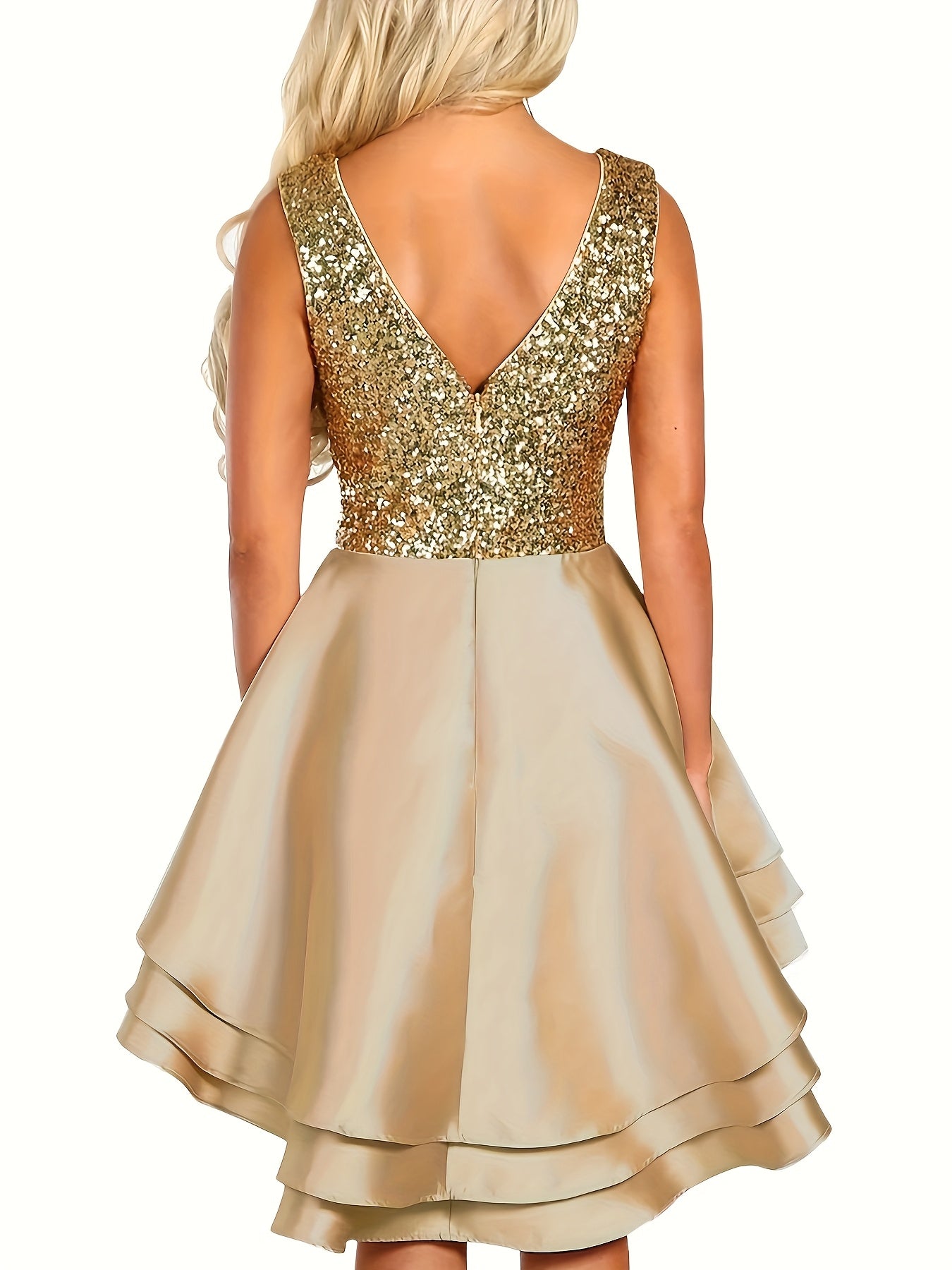 Vestido mini skater con escote en V y lentejuelas brillantes para mujer: vestido de cóctel de fiesta sin mangas en forma de A con dobladillo acampanado, color dorado/beige, mezcla de poliéster, lavable a máquina