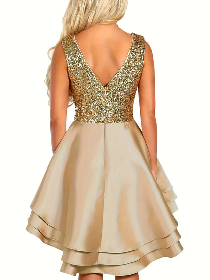 Vestido mini skater con escote en V y lentejuelas brillantes para mujer: vestido de cóctel de fiesta sin mangas en forma de A con dobladillo acampanado, color dorado/beige, mezcla de poliéster, lavable a máquina