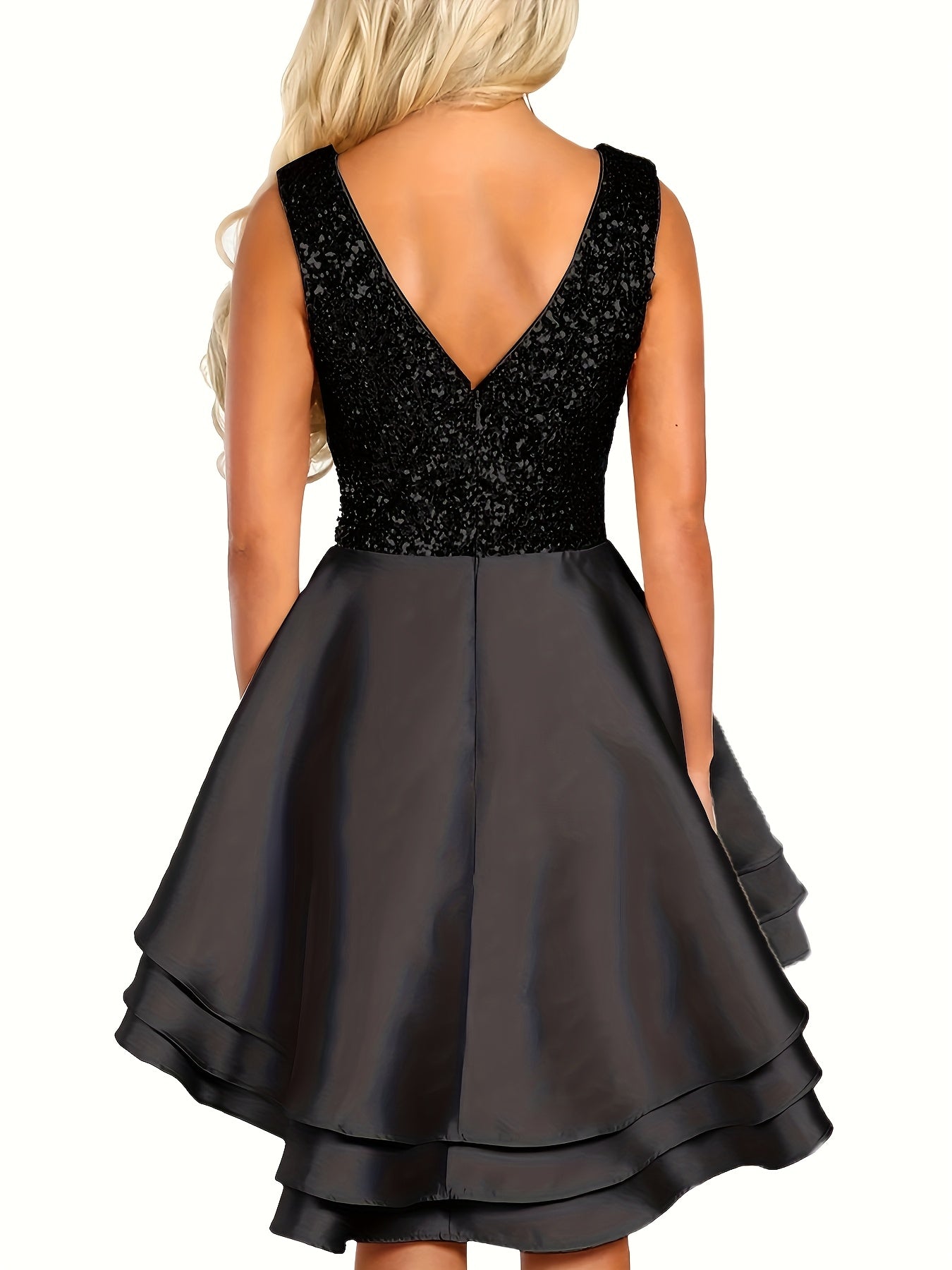 Vestido mini skater con escote en V y lentejuelas brillantes para mujer: vestido de cóctel de fiesta sin mangas en forma de A con dobladillo acampanado, color dorado/beige, mezcla de poliéster, lavable a máquina