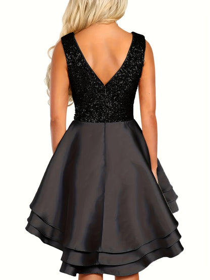 Vestido mini skater con escote en V y lentejuelas brillantes para mujer: vestido de cóctel de fiesta sin mangas en forma de A con dobladillo acampanado, color dorado/beige, mezcla de poliéster, lavable a máquina