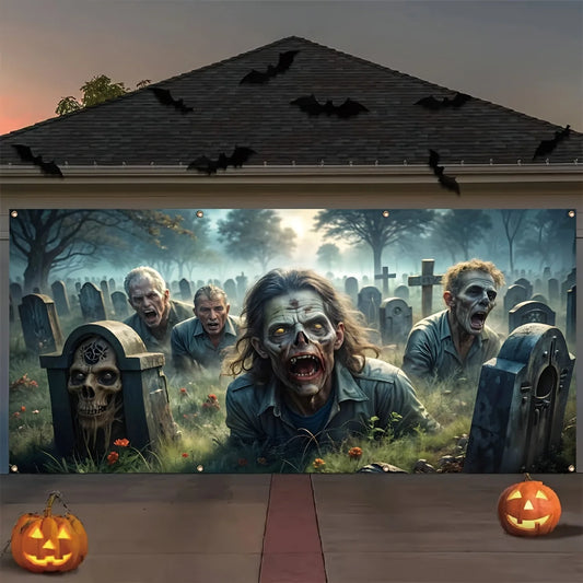 2D banner 1 piece, Halloween zombie graveyard garage door banner, anti-fade holiday house exterior decoration, party supplies