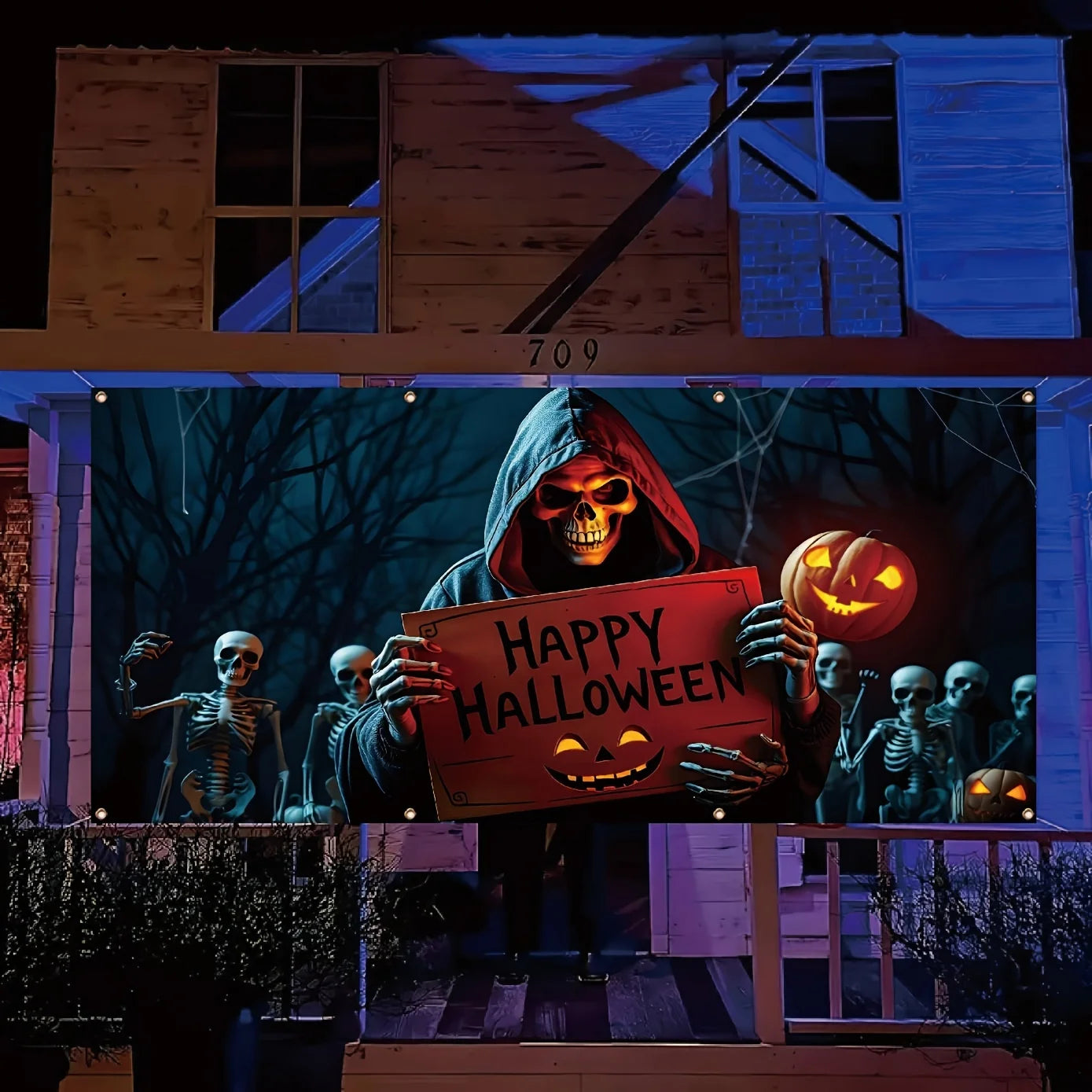Halloween garage door banner Large outdoor decoration, with themes of Death and skull crew, polyester studio props