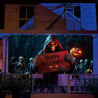 Halloween garage door banner Large outdoor decoration, with themes of Death and skull crew, polyester studio props