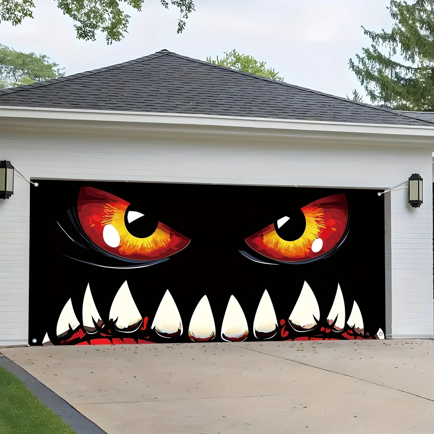 Halloween monster face garage door banner, terrifying decoration, polyester, multi-functional, autumn celebration event
