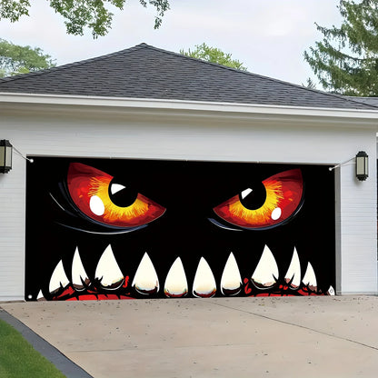 Halloween monster face garage door banner, terrifying decoration, polyester, multi-functional, autumn celebration event