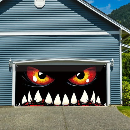 Halloween monster face garage door banner, terrifying decoration, polyester, multi-functional, autumn celebration event