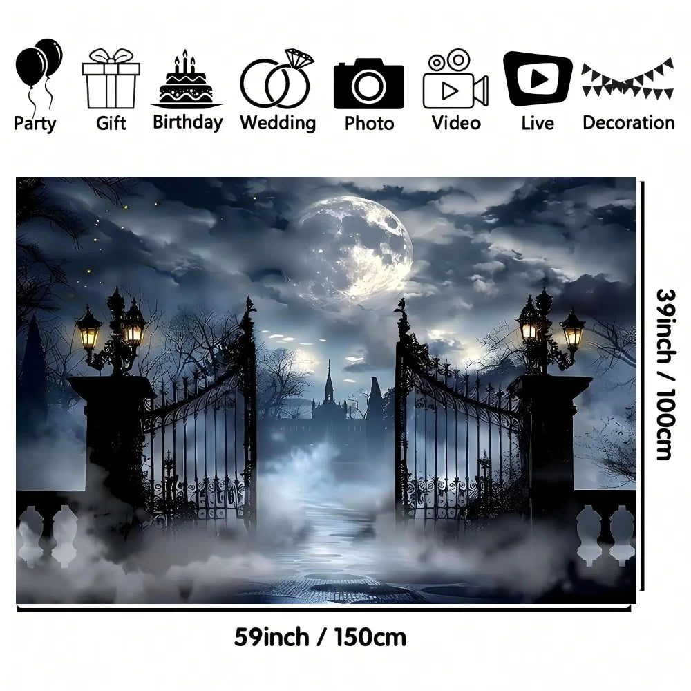 1pc Halloween Full Moon Night Garage door background, polyester material, foggy cemetery gate theme, garage door, villa.