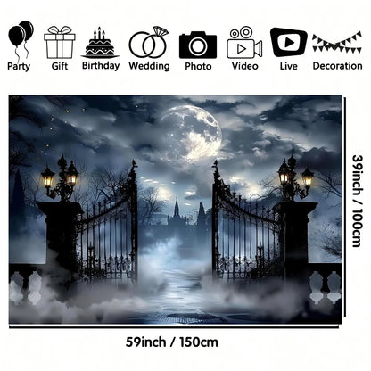 1pc Halloween Full Moon Night Garage door background, polyester material, foggy cemetery gate theme, garage door, villa.