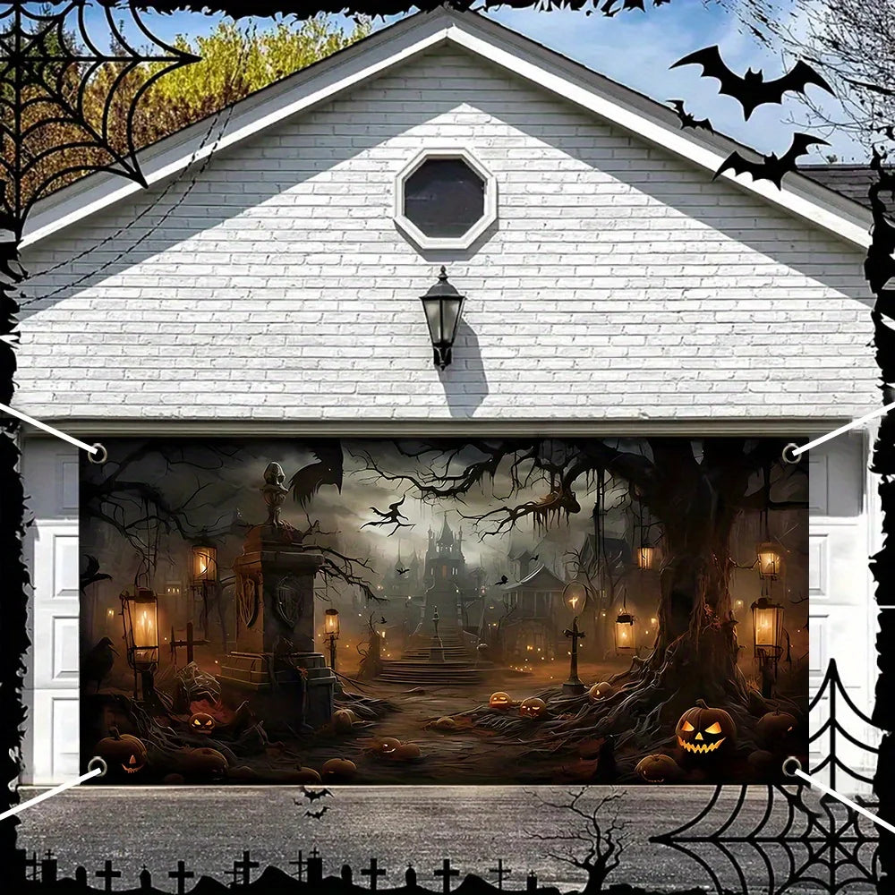 1 Halloween garage door banner, featuring horror town and pumpkin head design, with multiple sizes to choose from