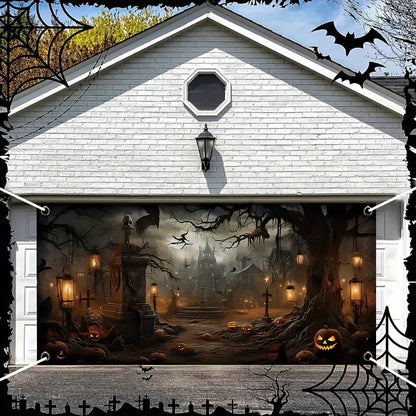 1 Halloween garage door banner, featuring horror town and pumpkin head design, with multiple sizes to choose from