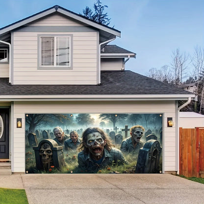 2D banner 1 piece, Halloween zombie graveyard garage door banner, anti-fade holiday house exterior decoration, party supplies