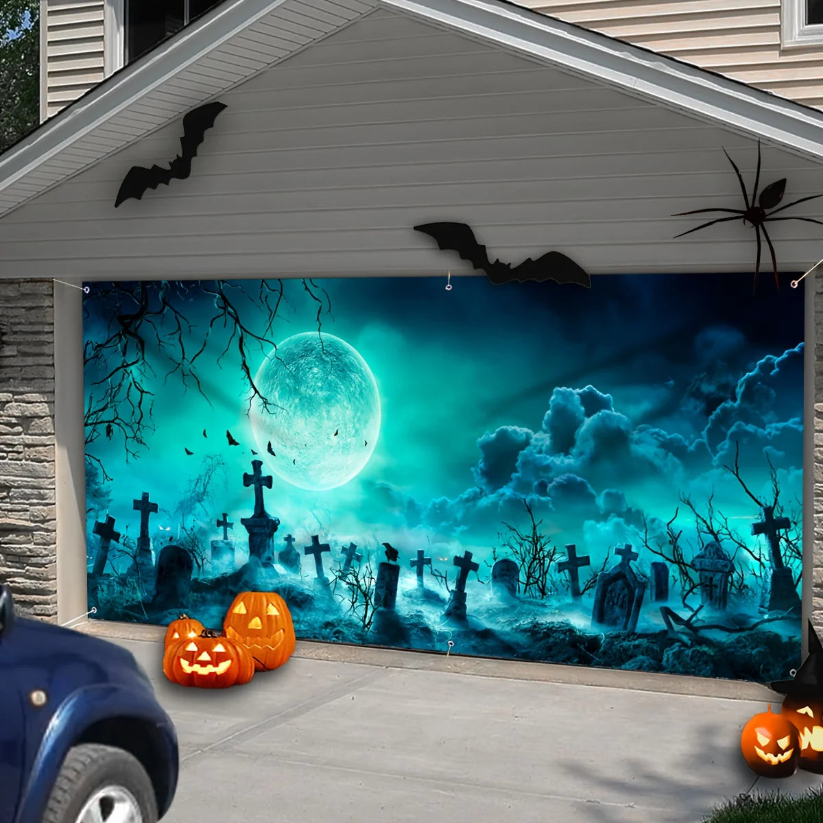 1 terrifying Halloween polyester garage door banner - Large outdoor cemetery scene, ghost-themed party background