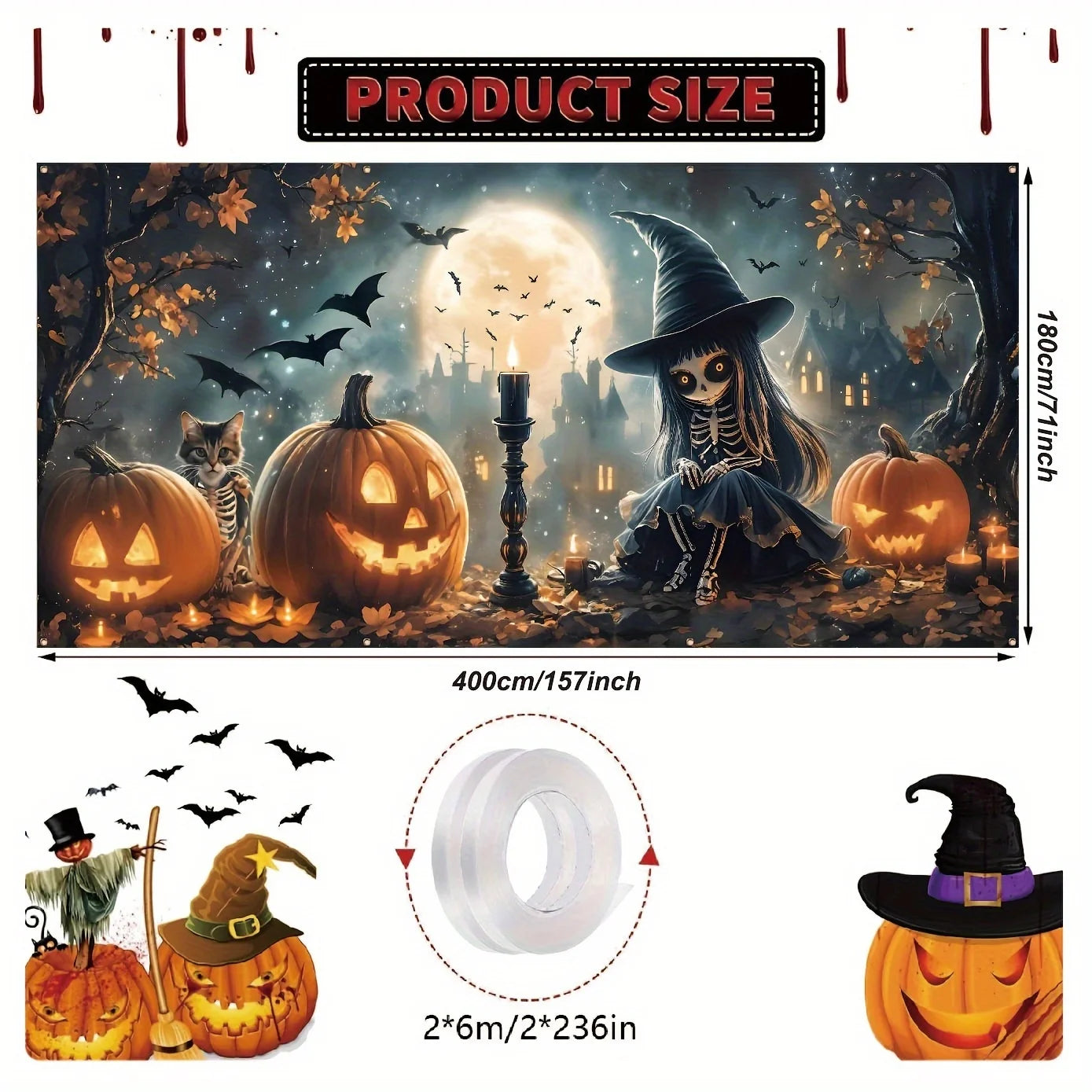 Halloween garage banner with skulls, cute cats and pumpkins - bright polyester material, outdoor holiday exterior decoration